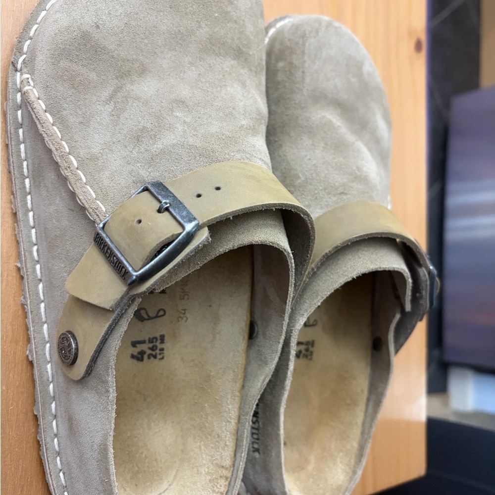Birkenstock Suede Clogs in Taupe and Olive Strap - Picture 3 of 4